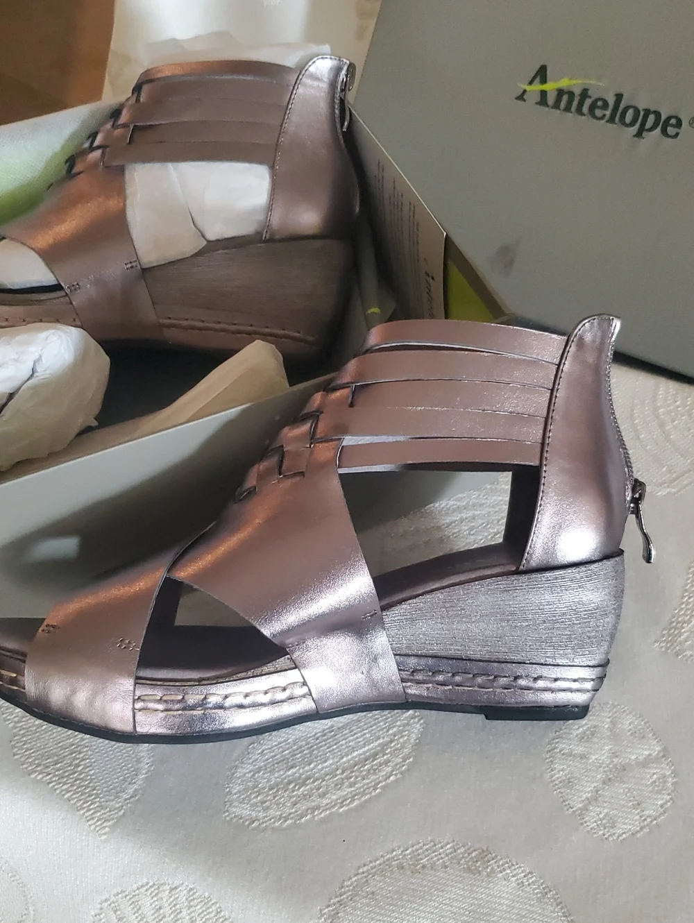 Antelope Metallic Pewter Woven Leather Wedge Sandals - Shimmery Gray